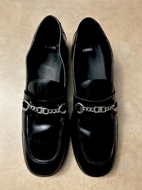 Mango Black Leather Loafers with Silver Chain Detail